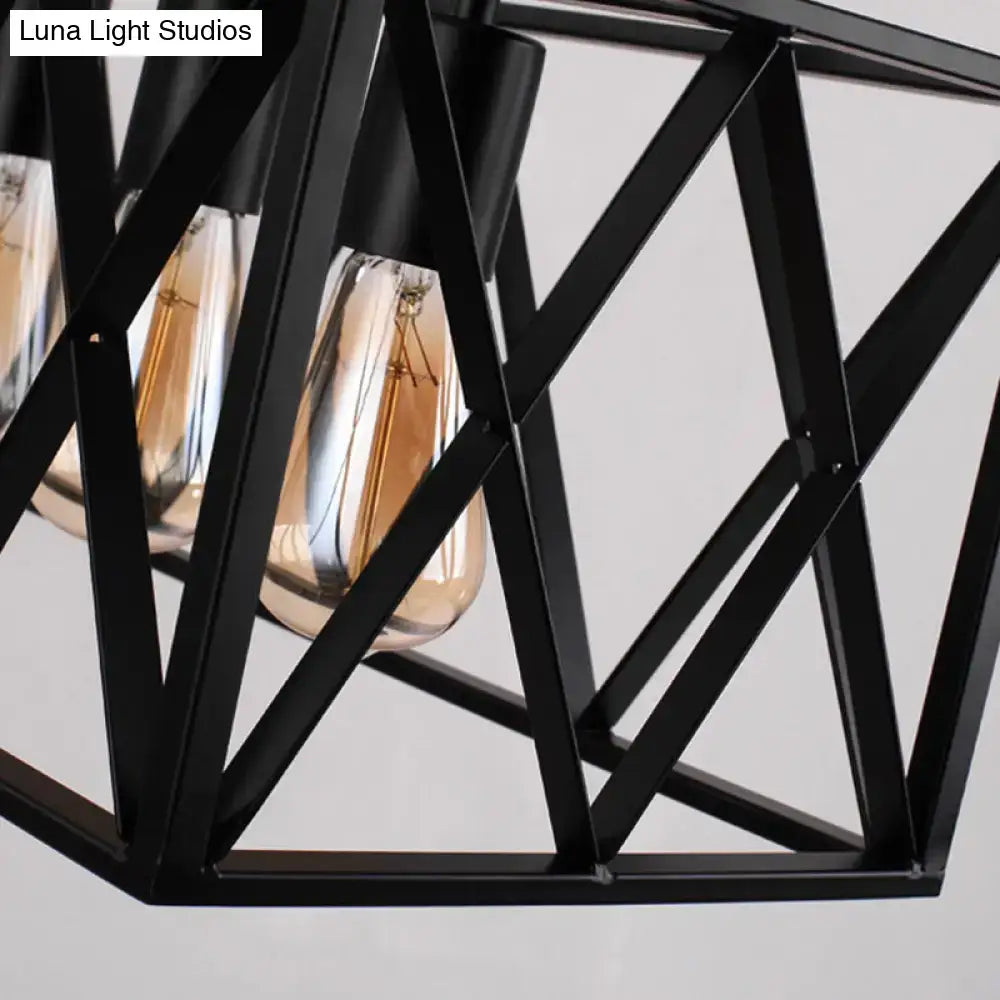 DecorBites™ industrial black iron pendant light with geometric frame and chain cord length for 220v-240v and 110v-120v use