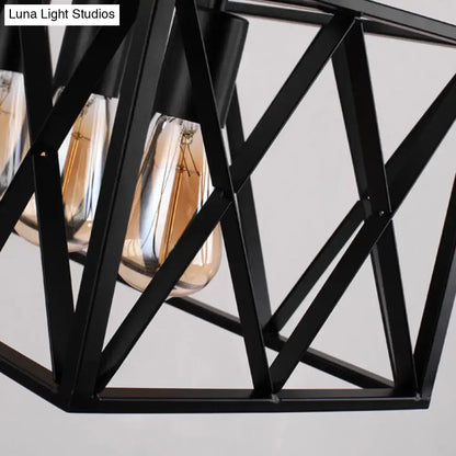 DecorBites™ industrial black iron pendant light with geometric frame and chain cord length for 220v-240v and 110v-120v use