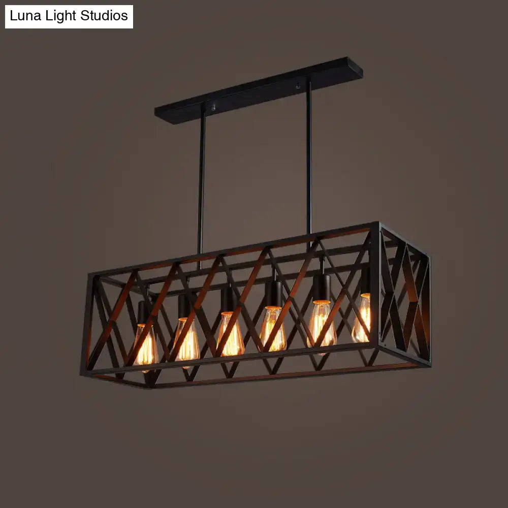Industrial black iron pendant light with rectangle frame and five filament bulbs chain cord length for restaurants