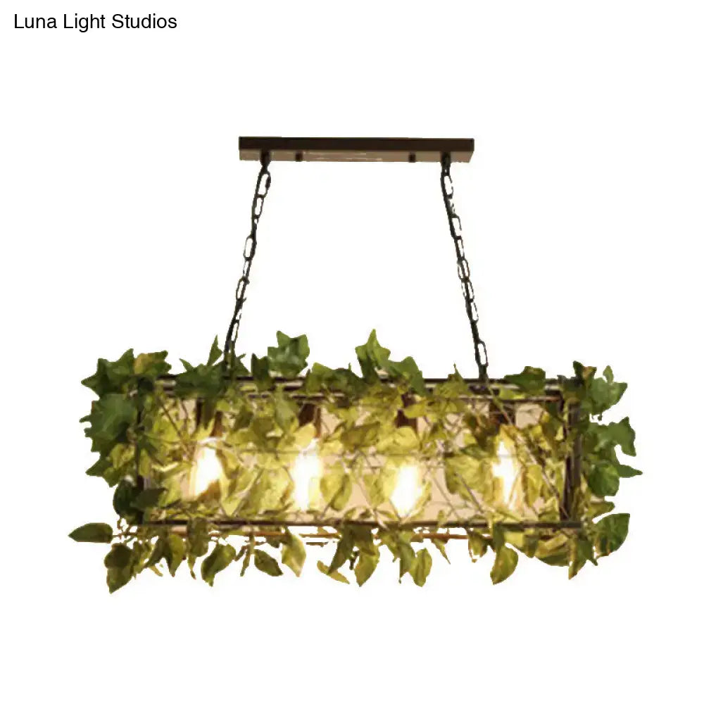 DecorBites™ industrial black metal island lamp with 4-light rectangular frame and faux plant decor suspension chain