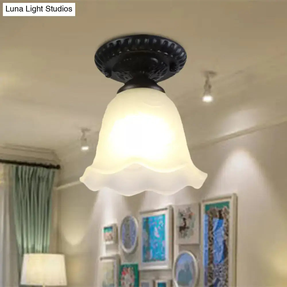 DecorBites vintage-style industrial black semi flush ceiling light with milky glass dome flower shade for gallery use