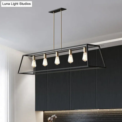 Black metal rectangular pendant light with four exposed edison bulbs for dining room ceiling industrial black trapezoid design
