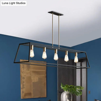 Black metal rectangular pendant light with five exposed Edison bulbs for dining room ceiling industrial black trapezoid design