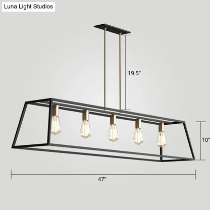 DecorBites industrial black trapezoid metal chandelier with five edison bulbs for dining room ceiling suspension