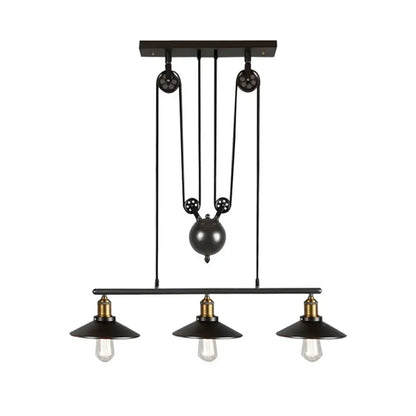 DecorBites™ industrial black wide flare pulley pendant light with three bulbs and brass accents for restaurant use