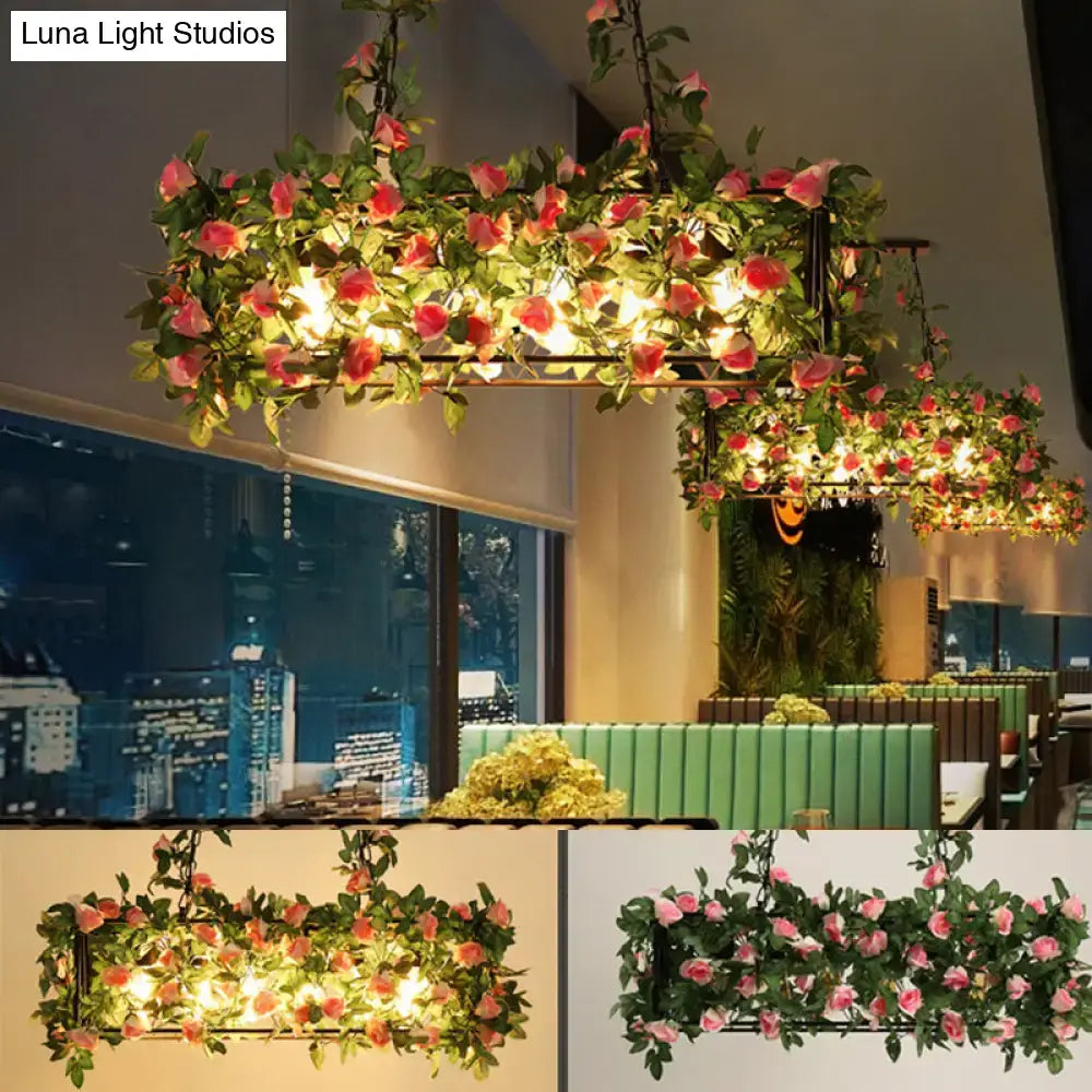 Decorbites industrial cage island pendant light with pink rose plant decoration and warm led incandescent bulbs