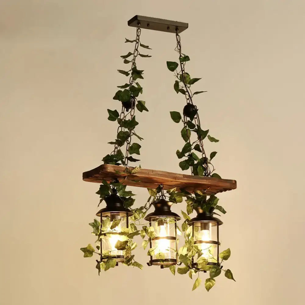 Decorbites™ rustic wooden cage island pendant light with three lantern led incandescent fluorescent lights and plant decoration