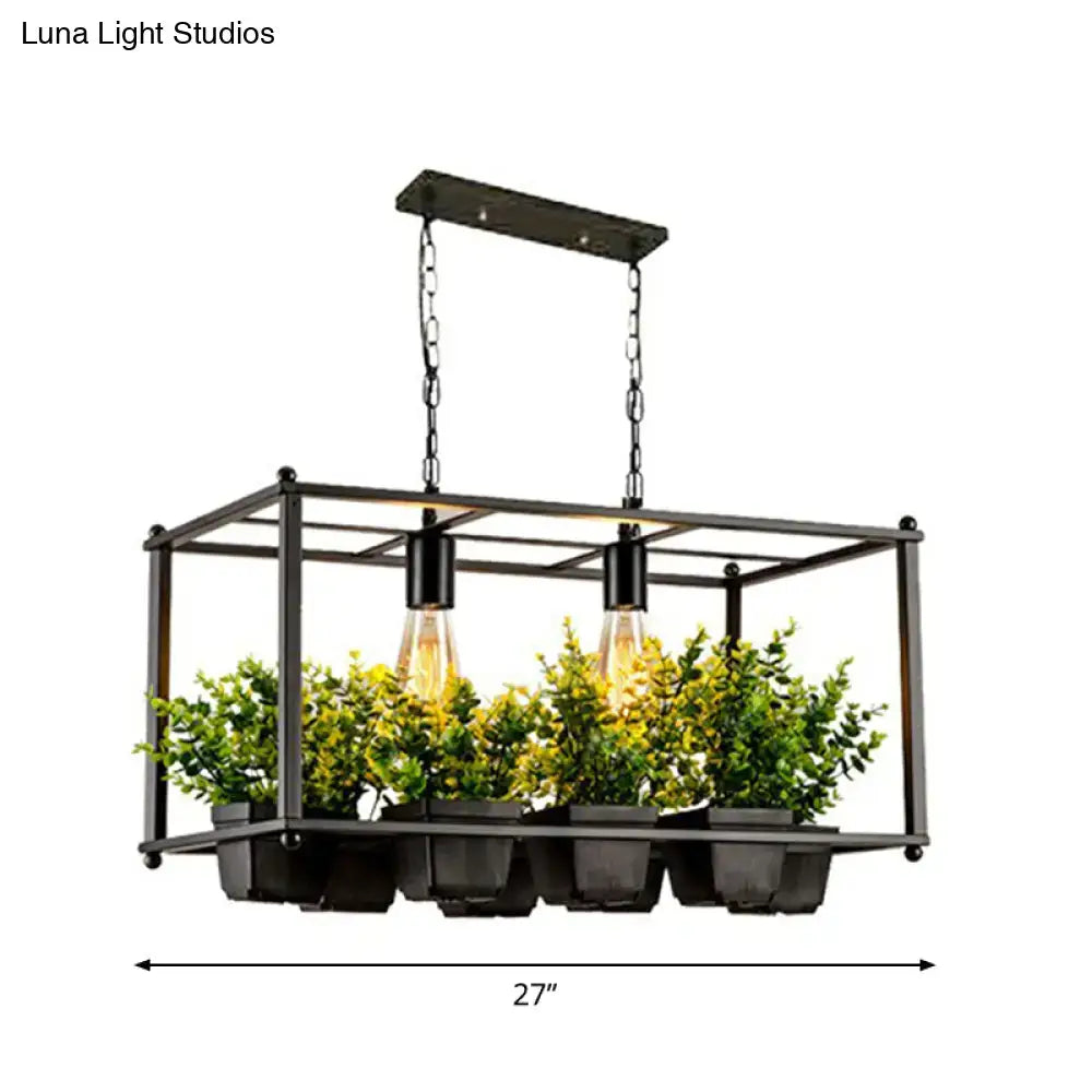 Decorbites™ industrial cage island pendant light in black metal rectangular shape with two bulbs and integrated plant pot