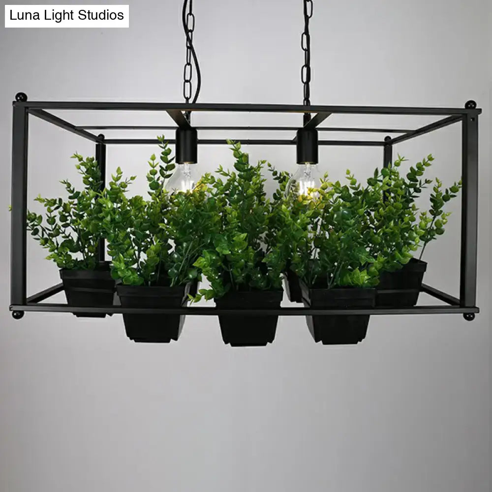 Black metal rectangular pendant light fixture with four hanging plant pots and exposed bulb lighting by DecorBites™