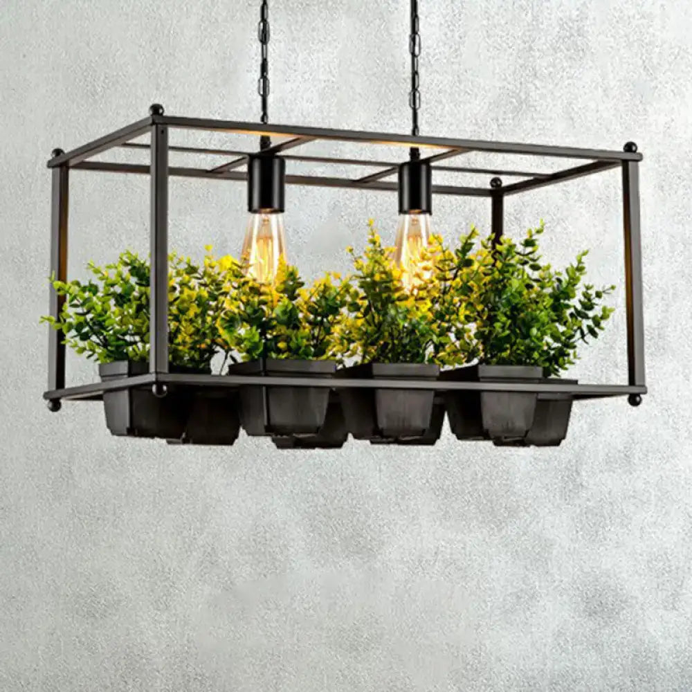 Decorbites™ industrial metal rectangular cage island pendant light with two bulbs and six fake plant pots in dark gray containers