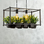 Decorbites™ industrial metal rectangular cage island pendant light with two bulbs and six fake plant pots in dark gray containers