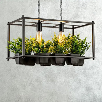 Decorbites™ industrial metal rectangular cage island pendant light with two bulbs and six fake plant pots in dark gray containers
