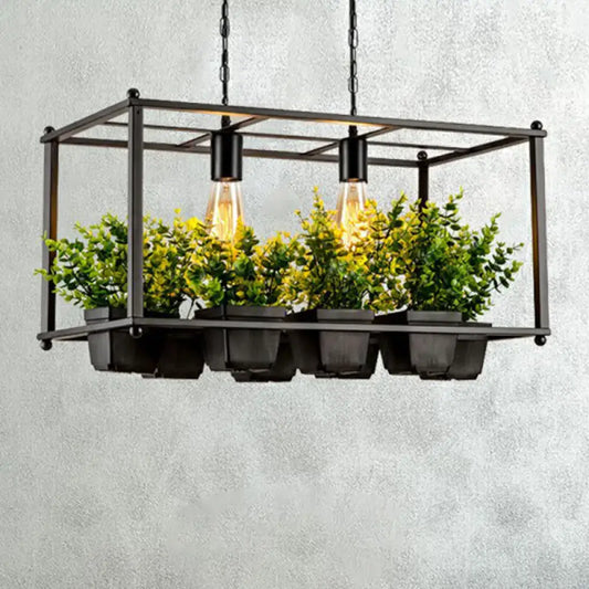Decorbites™ industrial metal rectangular cage island pendant light with two bulbs and six fake plant pots in dark gray containers
