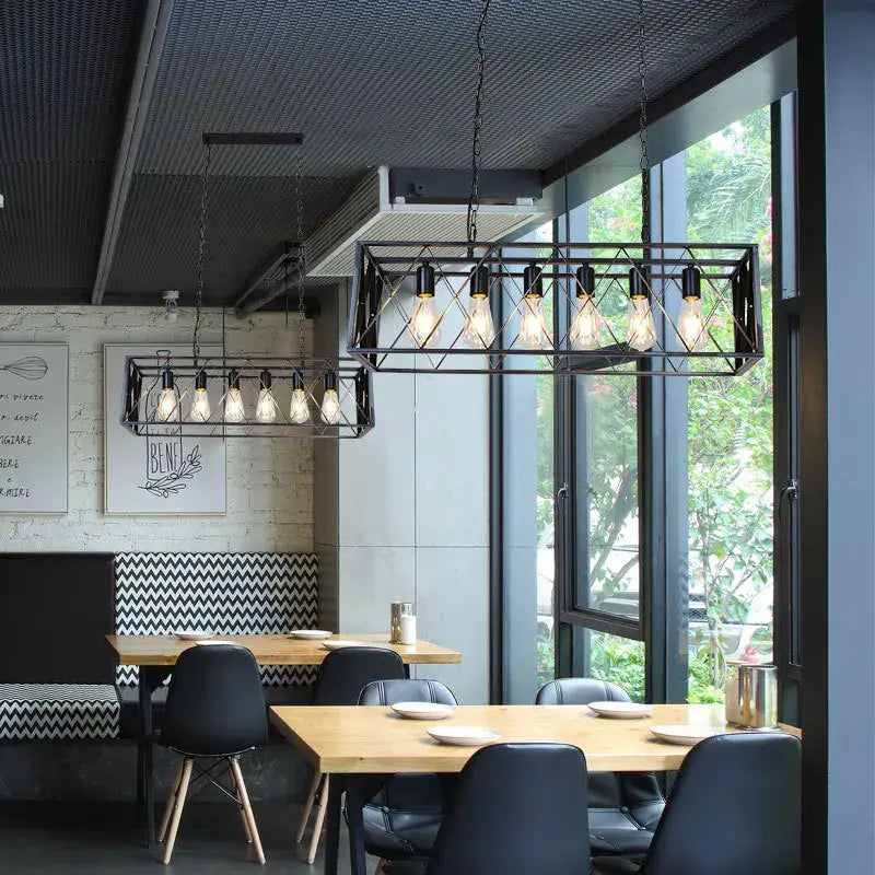 Decorbites industrial chandelier black metal lattice pendant light with exposed filament bulbs for dining room use