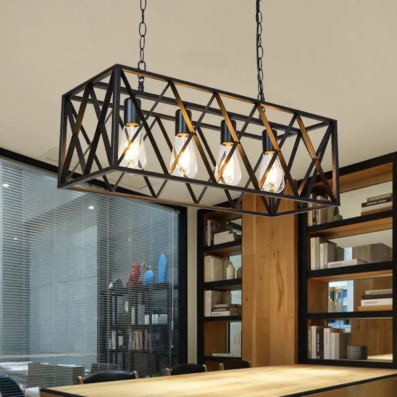 Black metal rectangular decorbites industrial chandelier with geometric lattice design and four exposed edison bulbs