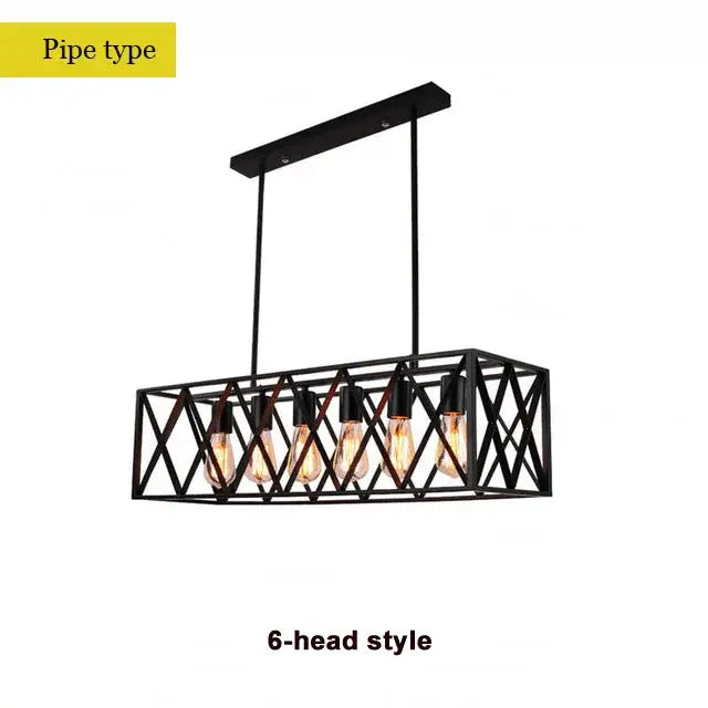 Black metal pipe style pendant light with six exposed edison bulbs in the decorbites industrial chandelier design