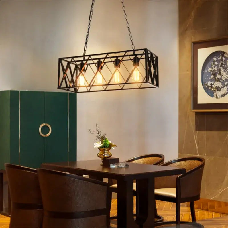 Decorbites industrial chandelier featuring a black metal rectangular pendant light with exposed filament bulbs