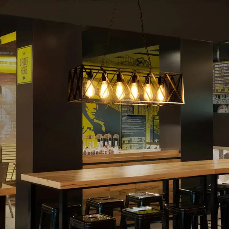 Decorbites industrial chandelier black metal frame rectangular pendant light with exposed Edison bulbs for dining room