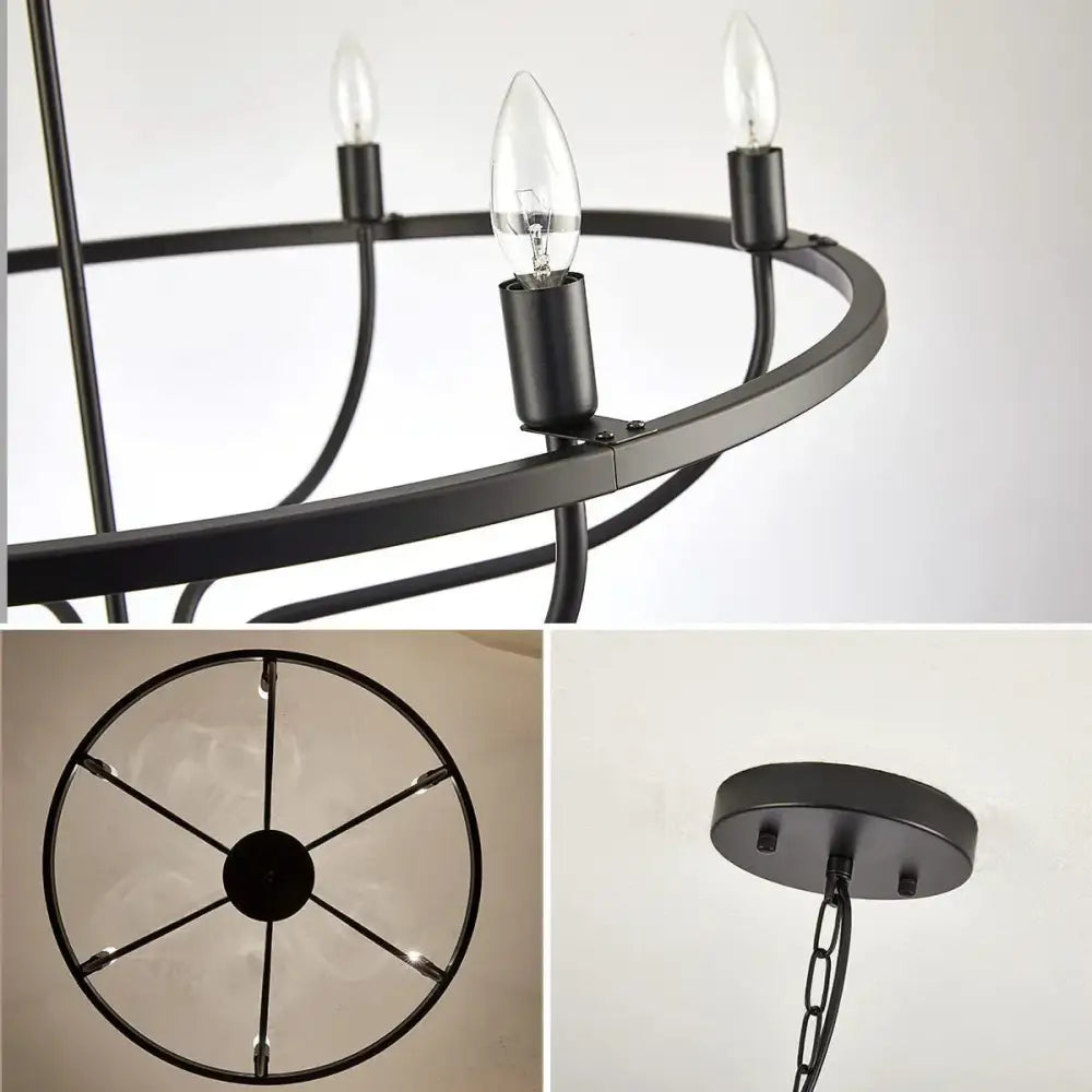Black metal decorbites industrial chandelier with circular frame and three exposed bulb sockets for living room use