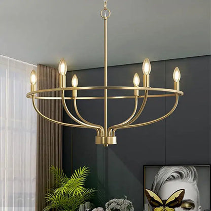 Gold-finished decorbites industrial chandelier with six exposed bulbs and minimalist design for living room lighting