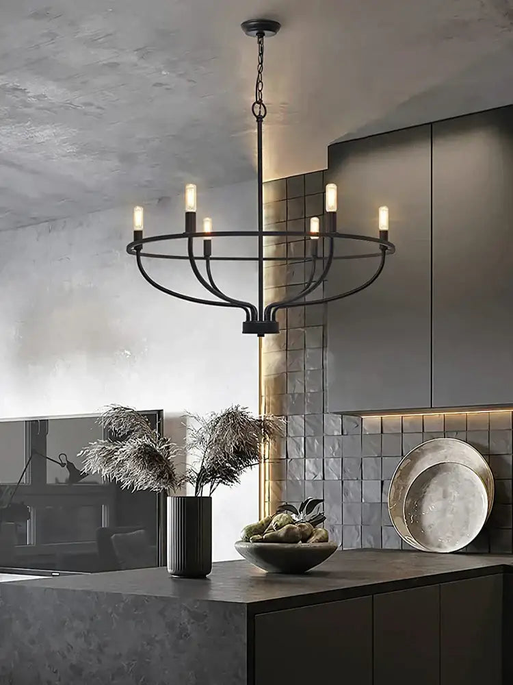 Black wrought iron 6 bulb decorbites industrial chandelier light for living room with candle style bulbs lit