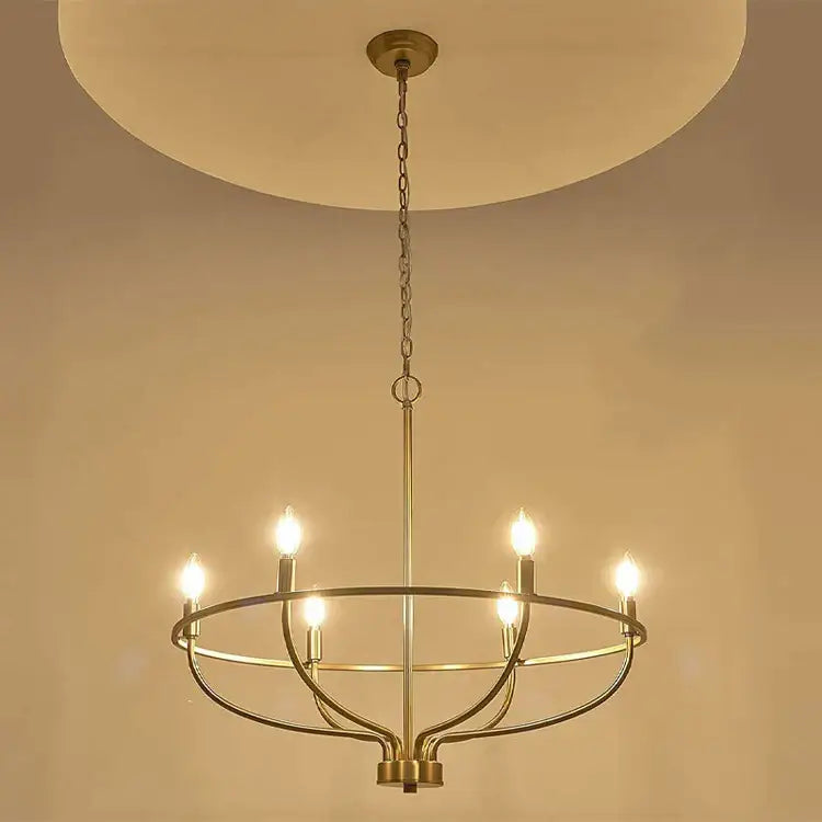 Brass-finished decorbites industrial chandelier with six exposed bulbs and circular minimalist design for living room lighting