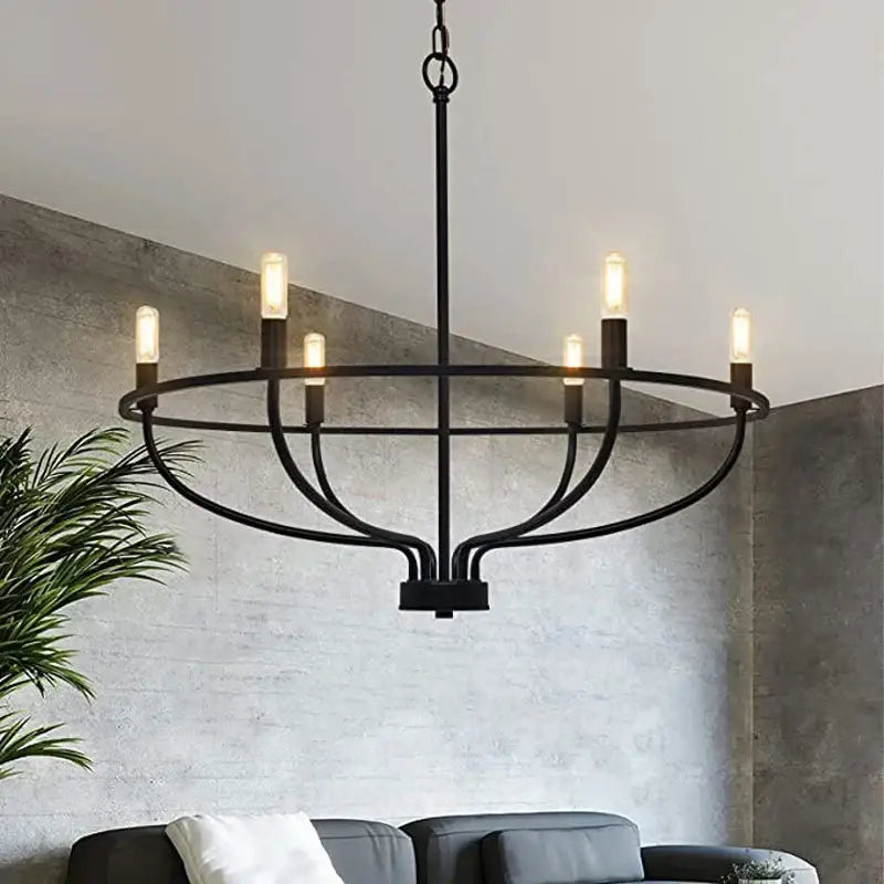 Black wrought iron decorbites industrial chandelier with six exposed filament bulbs for living room lighting
