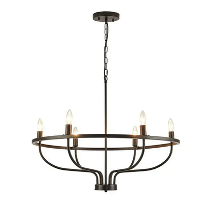 Dark bronze-finished decorbites industrial chandelier light with six exposed bulbs in circular black iron frame for living room