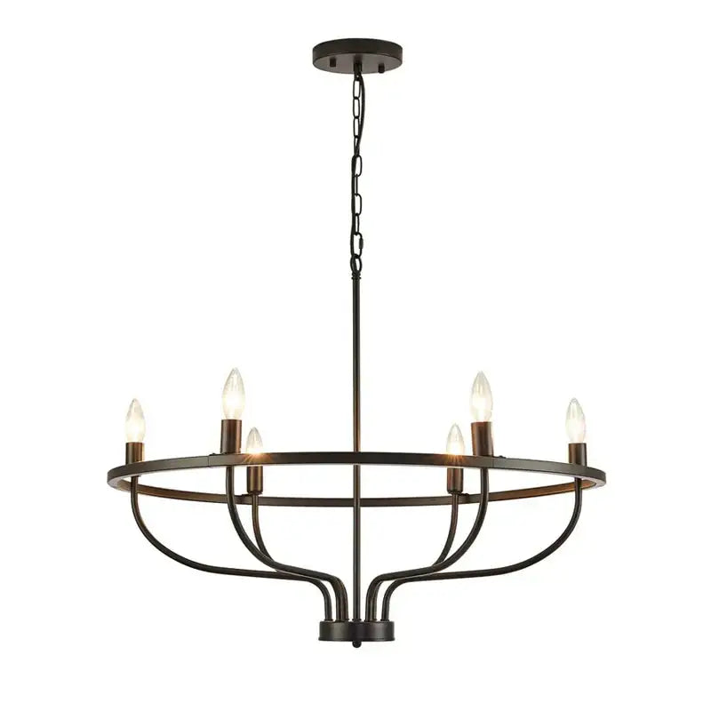 Dark bronze-finished decorbites industrial chandelier light with six exposed bulbs in circular black iron frame for living room