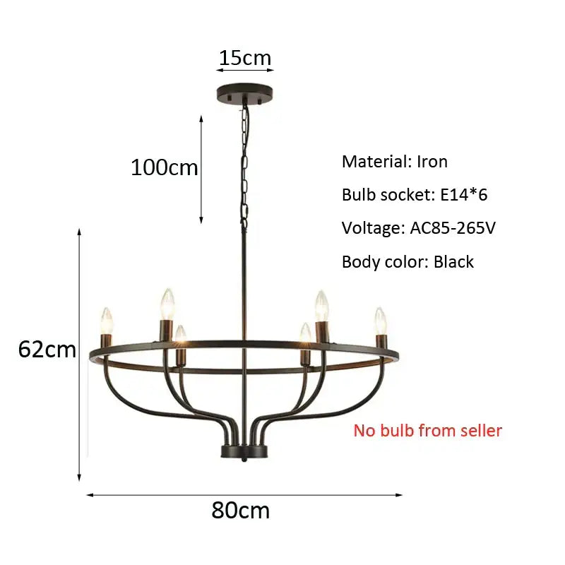 Black iron decorbites industrial chandelier light with six exposed bulbs and circular modern design for living room