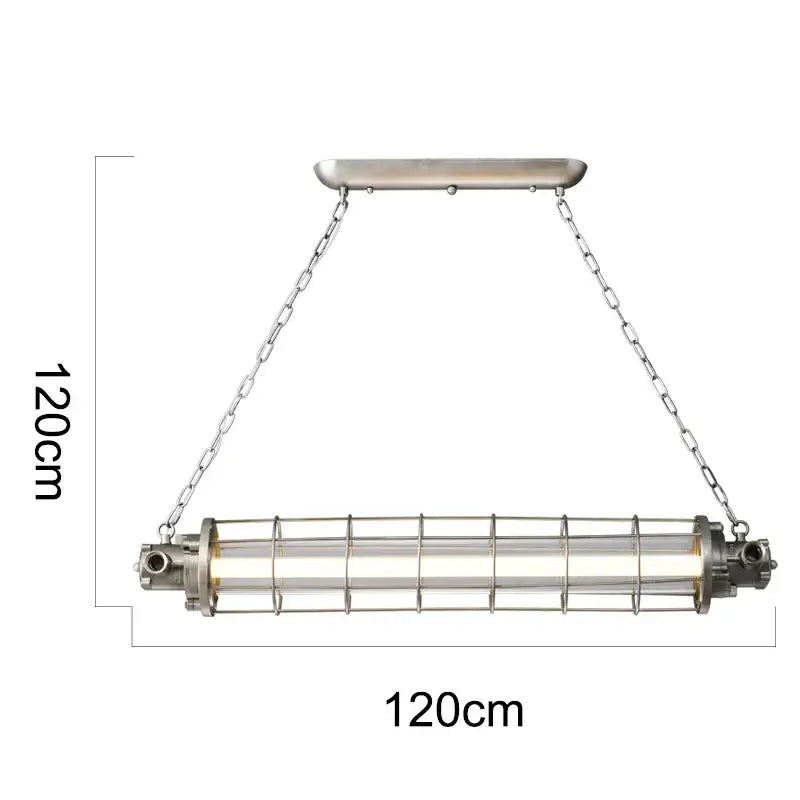 Decorbites industrial chandelier with a brushed metal cage light featuring cylindrical glass and chain suspension for loft cafe
