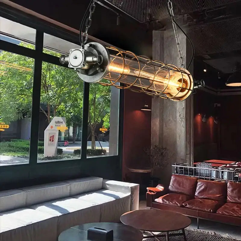 Decorbites industrial chandelier retro metal cage light with exposed filament bulb suspended by chains for cafe loft