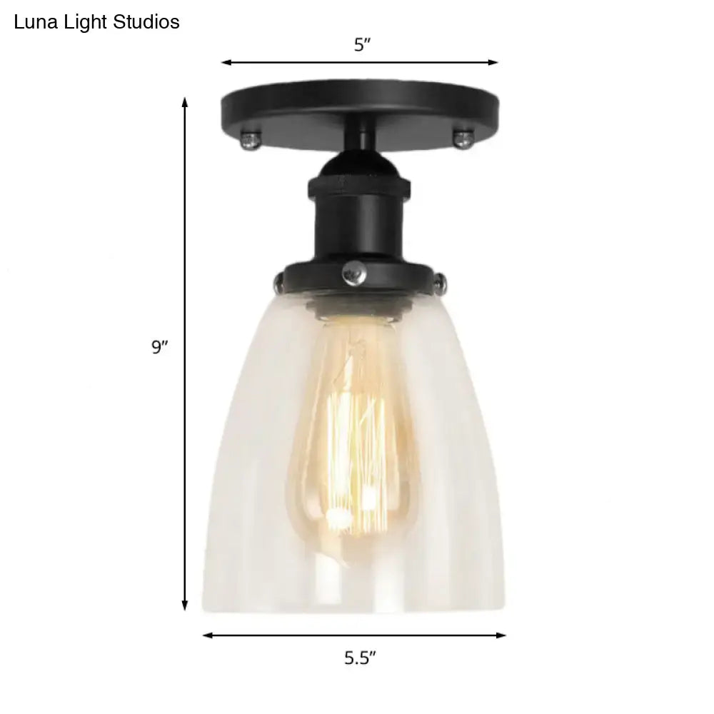 Black metal DecorBites™ industrial semi flush light with clear glass cone shade and exposed bulb for living rooms