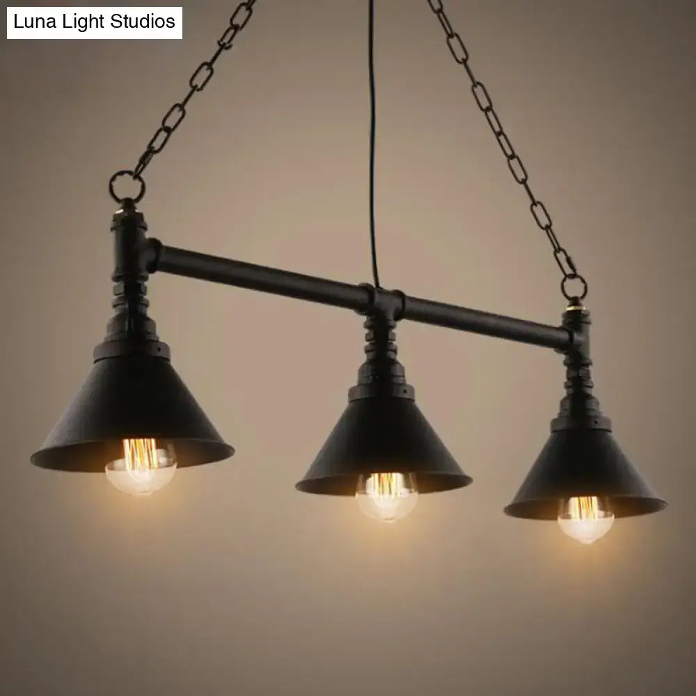 Decorbites industrial cone pendant light with three black wrought iron conical shades and exposed filament bulbs for dining room