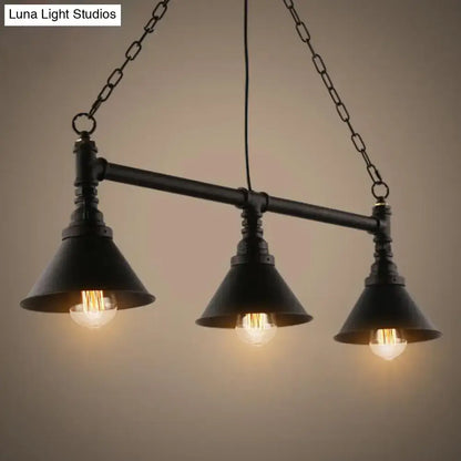 Decorbites industrial cone pendant light with three black wrought iron conical shades and exposed filament bulbs for dining room