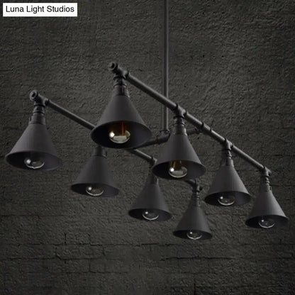 DecorBites™ industrial conical iron pendant light with 8 black metal shades and exposed bulbs for wine bar