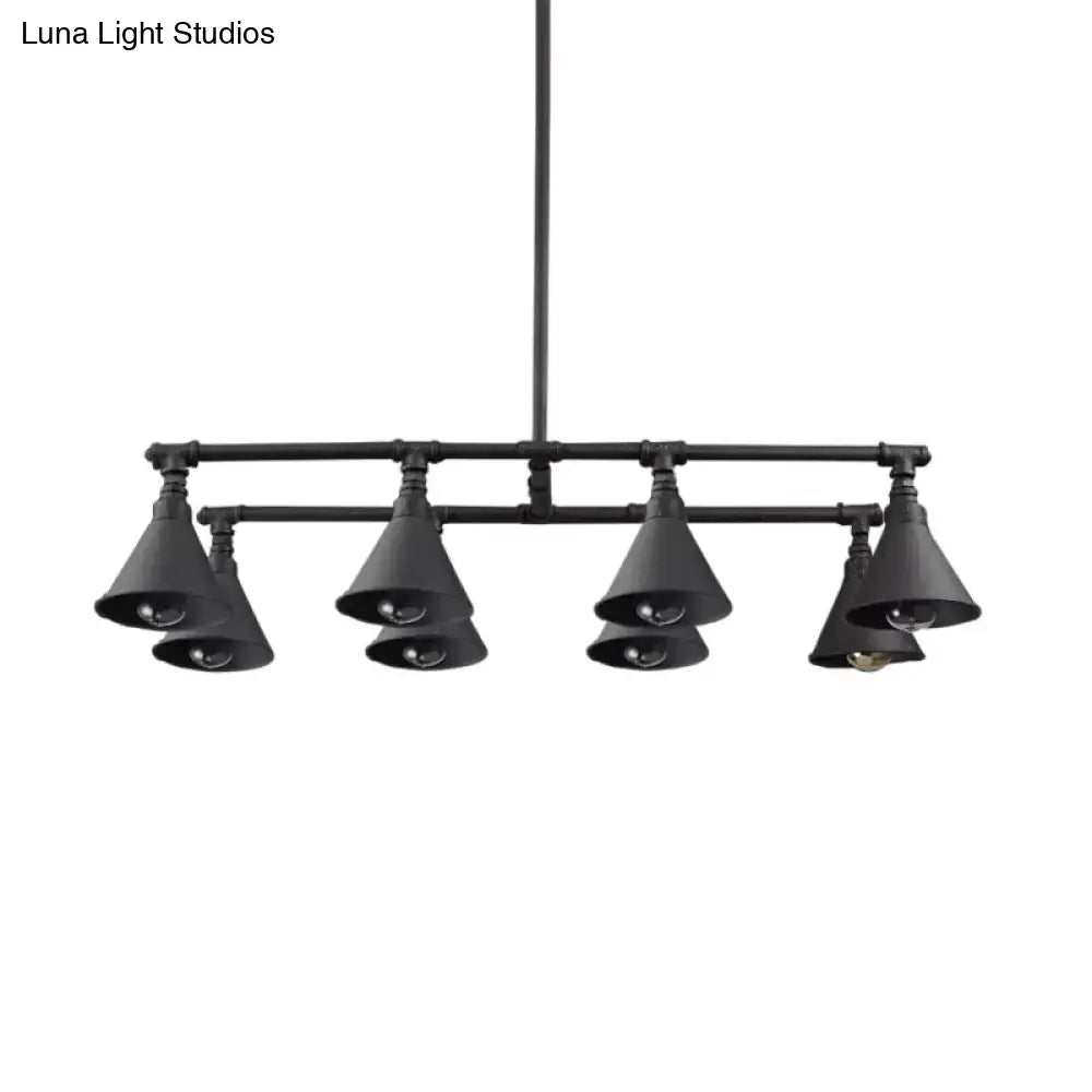 Decorbites™ industrial pendant light with eight black iron conical shades arranged in two rows for wine bar lighting
