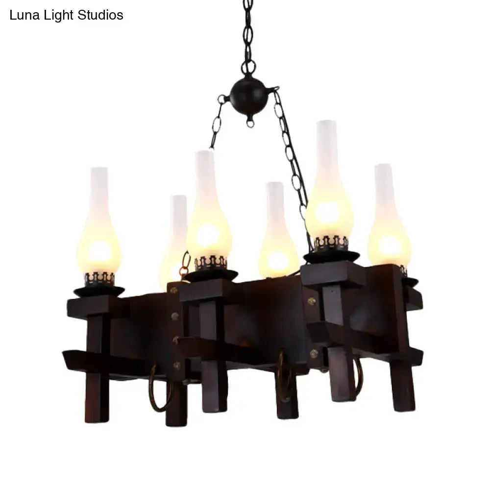 Decorbites industrial dark wood chandelier with five frosted glass lampshades and black metal chains for 220v-240v use