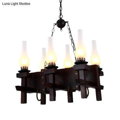 Decorbites industrial dark wood chandelier with five frosted glass lampshades and black metal chains for 220v-240v use