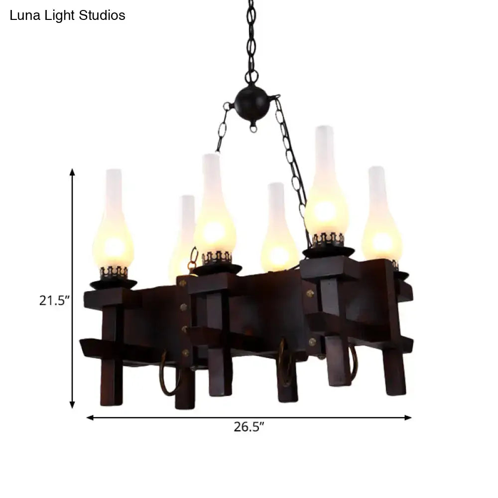 Dark brown wrought iron chandelier with five frosted glass flame-shaped bulbs compatible with 220v-240v power
