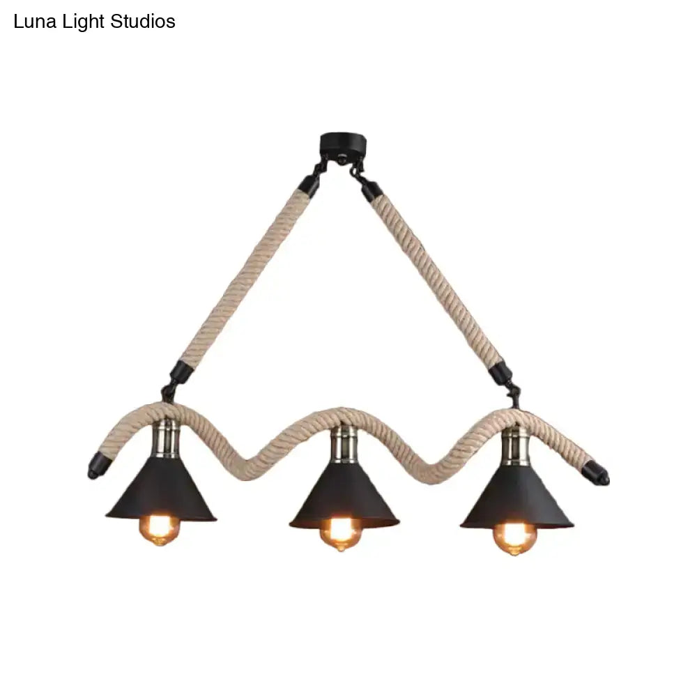 Black metal industrial hemp pendant lamp with three e26 e27 incandescent fluorescent bulbs and beige rope suspension