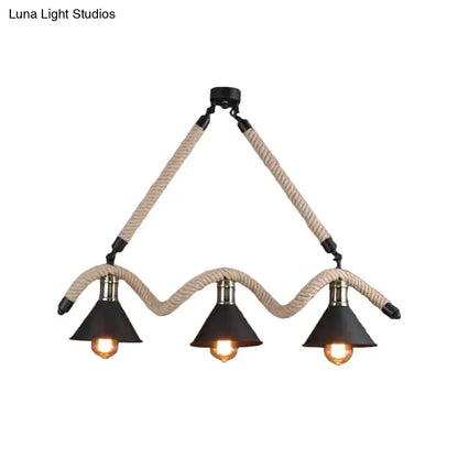 Black metal industrial hemp pendant lamp with three e26 e27 incandescent fluorescent bulbs and beige rope suspension