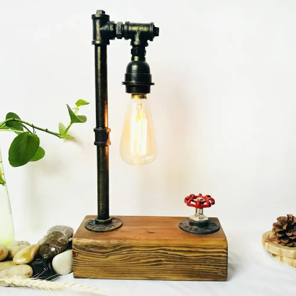 Decorbites industrial iron 1-light bedroom night lamp with bronze finish pipe, wooden base, edison bulb, and dimmer switch for 220v-240v and 110v-120v