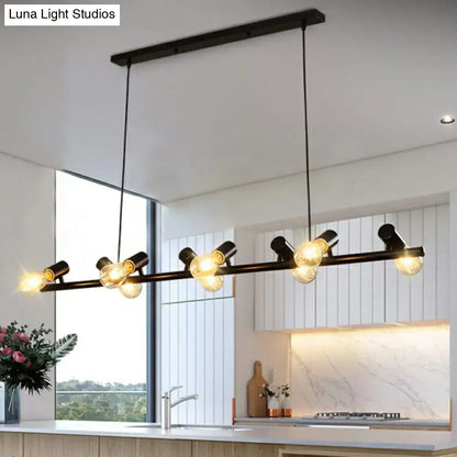 DecorBites industrial iron ceiling light in black with naked bulb and adjustable spotlights for dining room island