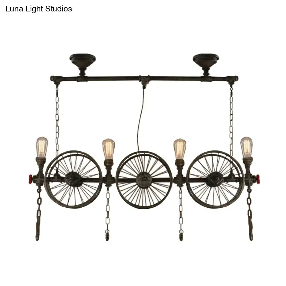 Decorbites™ industrial iron hanging light fixture in black with three bicycle wheels and four filament bulbs for living room
