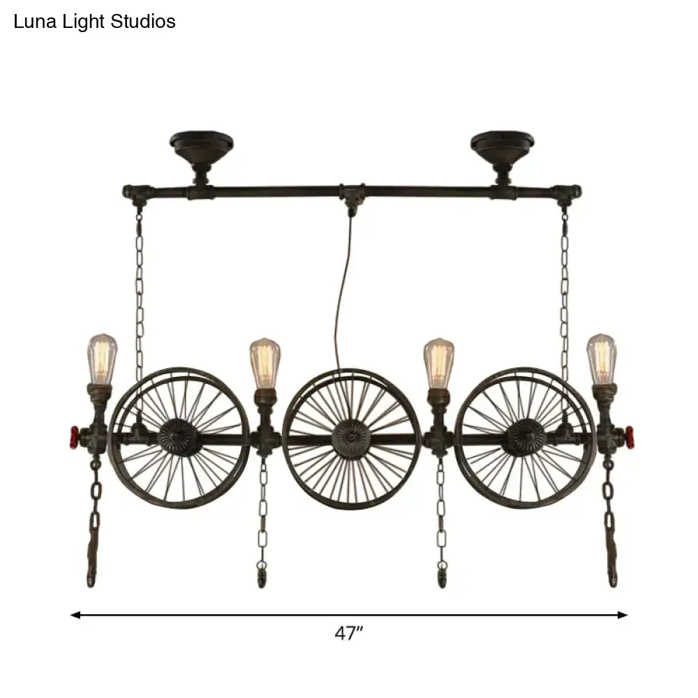 DecorBites™ industrial iron hanging light fixture in black with three vintage bicycle wheels and four Edison bulbs for living room