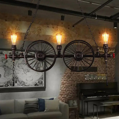 Decorbites industrial iron hanging light fixture in black metal with vintage edison bulbs and bicycle wheels for living room