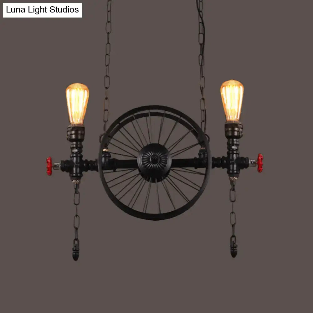 Decorbites industrial iron hanging light fixture in black with bicycle wheel and edison bulbs for living room island