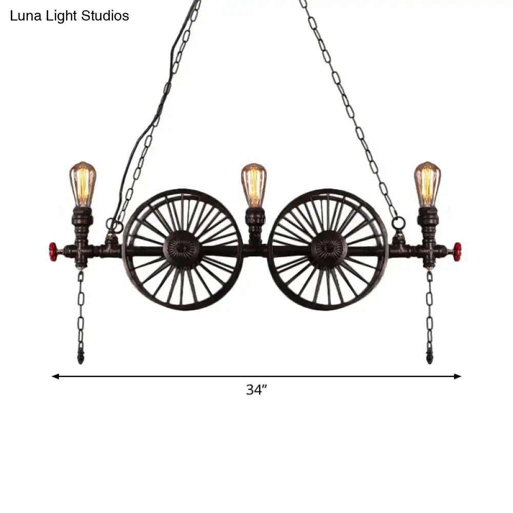 Decorbites industrial iron hanging light fixture in black metal with two vintage wagon wheels and three edison bulbs for living room