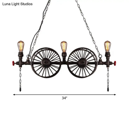 Decorbites industrial iron hanging light fixture in black metal with two vintage wagon wheels and three edison bulbs for living room
